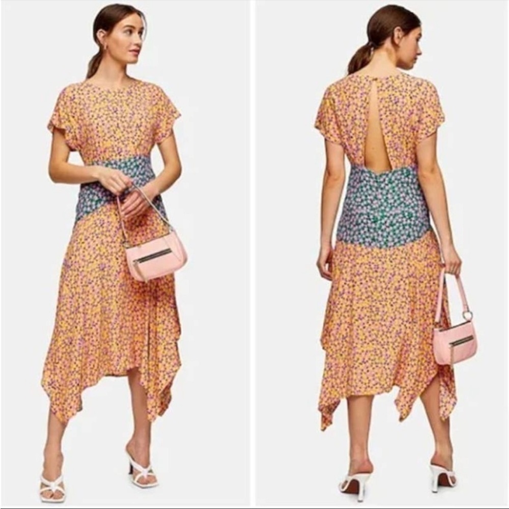 TOPSHOP Floral Print Dress with Handkerchief Hem NWT Size 10